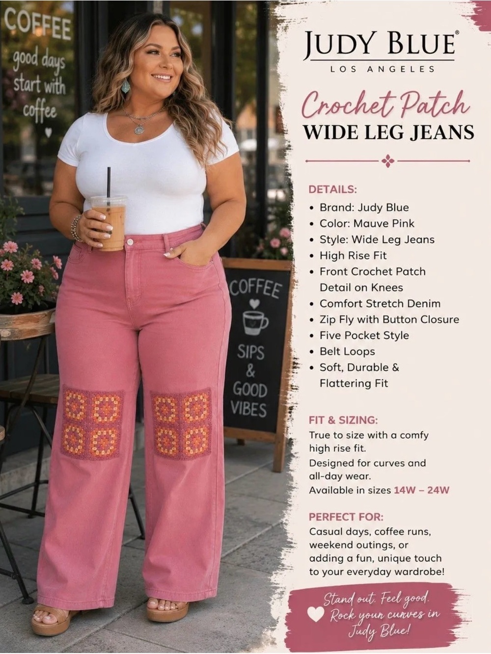 Judy Blue Dusty Pink Crochet patch Wide Leg Jeans - Picture 2 of 4